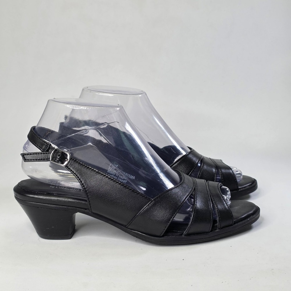 Coldwater Creek Charisma Women's Sandals Size 7.5 Black Leather Block Heel Shoes